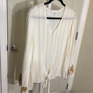 Maurices Cream and Brown Striped Blouse with Floral Embroidery